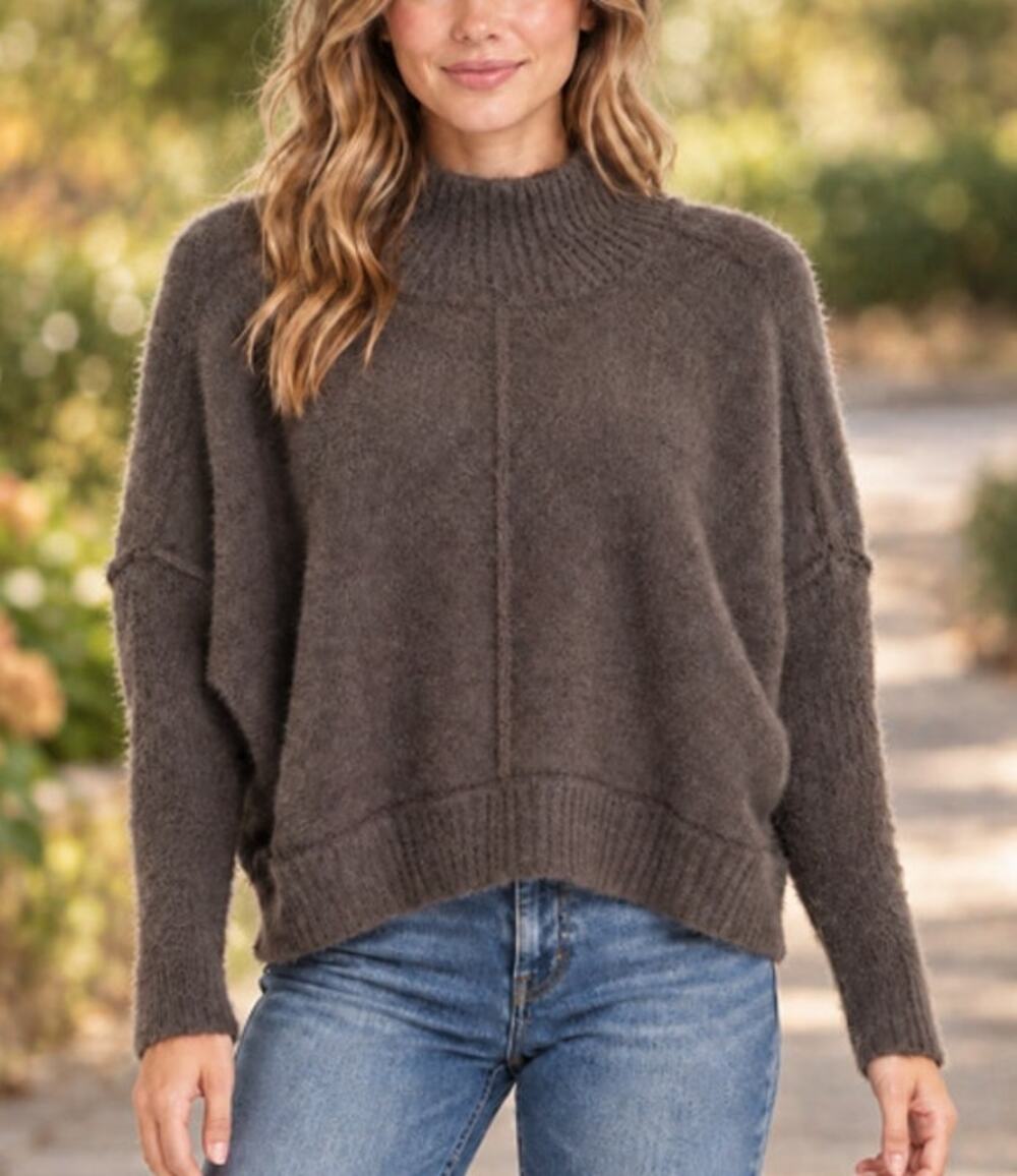 Natural Life NWT Fuzzy Mock Neck Dolman Sweater Charcoal Brown Small